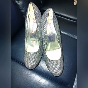 Just Fabulous Stiletto Heel Black Fishnet Over Silver Glitter 7.5